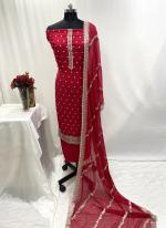 Organza  Red Festival Wear Zari Work Dress Material